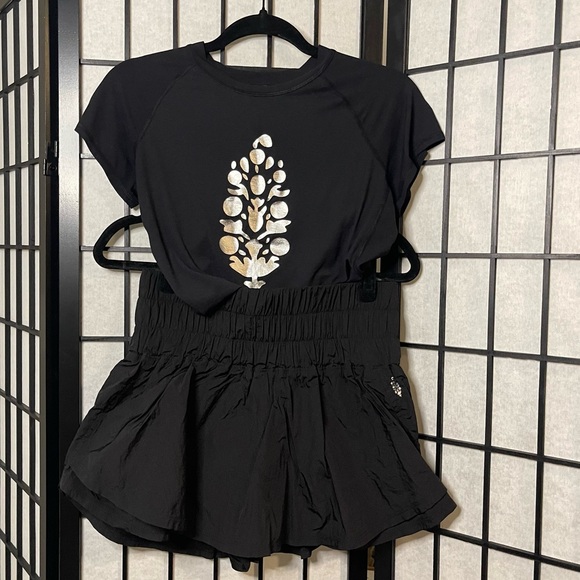 FP Movement by Free People Tops - FP Movement by Free People Black Tee with Metallic Floral Motif and black skort